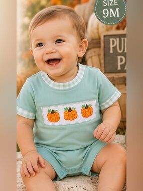 All Smocked Boutique Baby Boy 9M Pumpkin Smocked Gingham Fall Bubble
